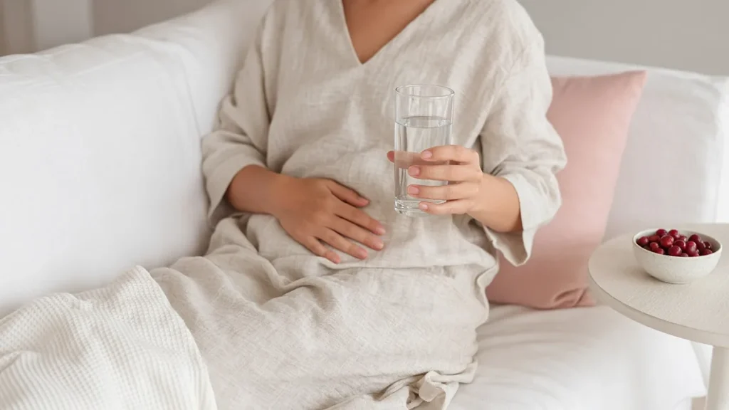 Infección urinaria en mujeres: síntomas, causas, tratamiento y prevención - vellos encarnados Mujer bebiendo agua con la mano en el vientre bajo por una infección urinaria