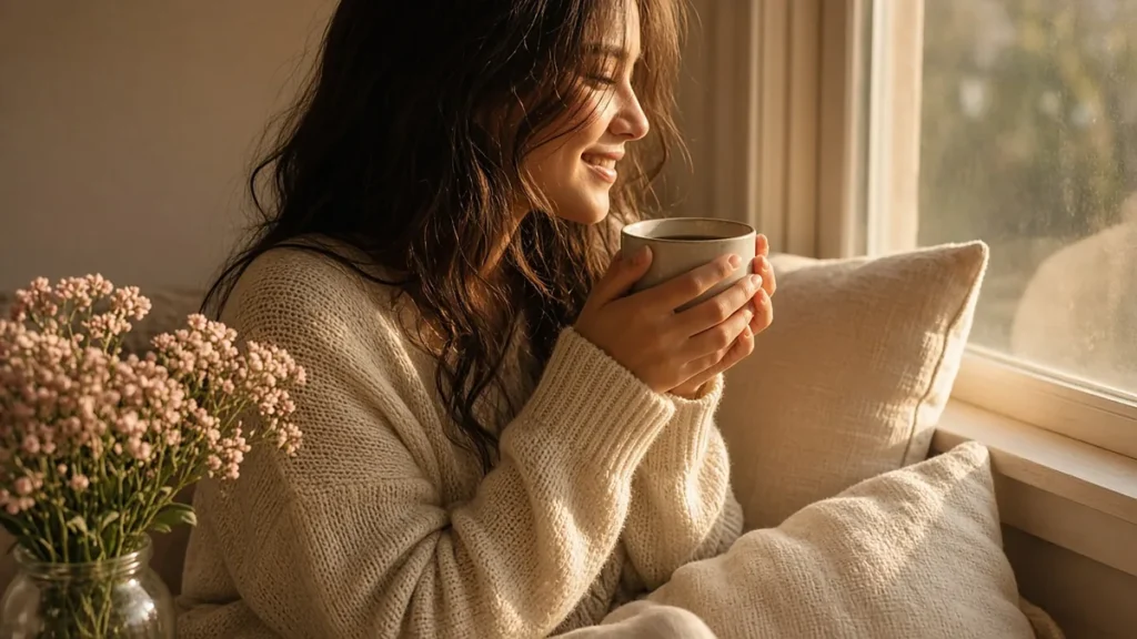 ¿Cómo saber si estoy enamorada? Señales y test - cómo saber si estoy enamorada Mujer sonriendo con una taza junto a la ventana, cómo saber si estás enamorada