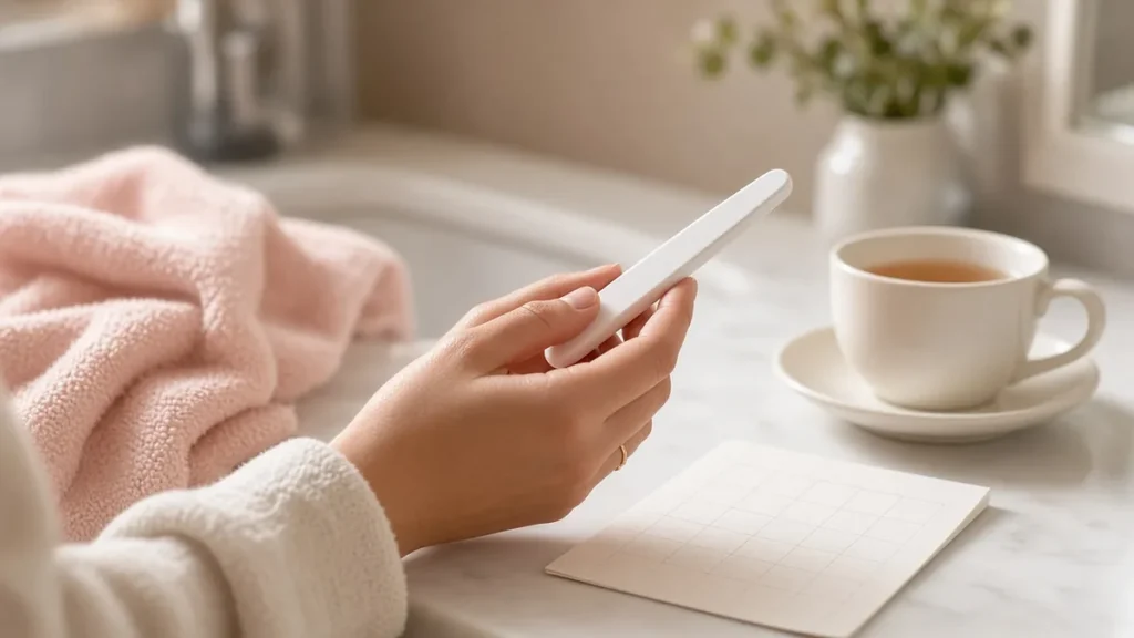 ¿A los cuántos días de tener relaciones puedo saber si estoy embarazada? - a los cuántos días de tener relaciones puedo saber si estoy embarazada Mujer con una prueba de embarazo y un calendario para saber a los cuántos días hacerla