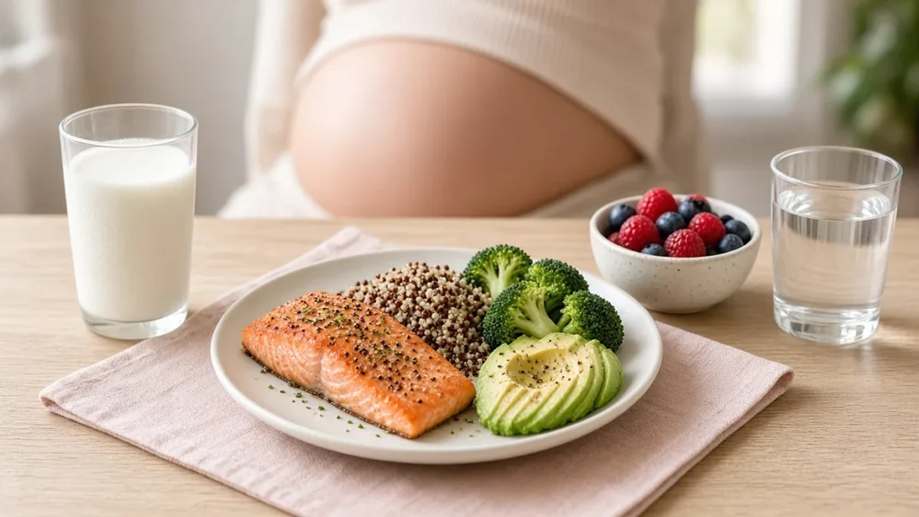 Dieta para mujeres embarazadas - Plato equilibrado con salmón, quinoa, brócoli y aguacate de una dieta para embarazadas