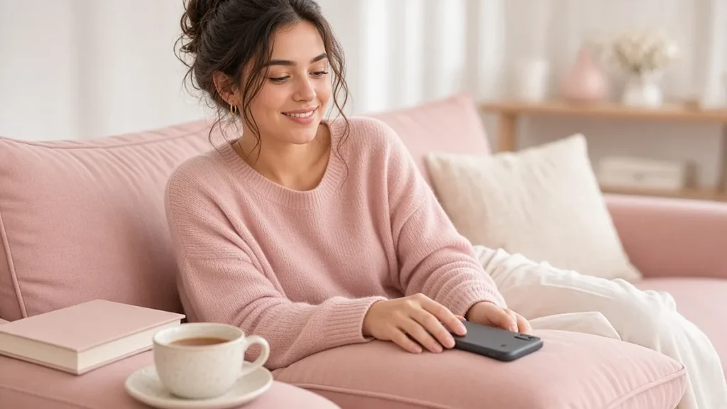 Mi ex presume su nueva relación: por qué lo hace y cómo no caer en el juego - mi ex presume su nueva relación Mujer sonriendo tranquila tras dejar el móvil boca abajo en el sofá