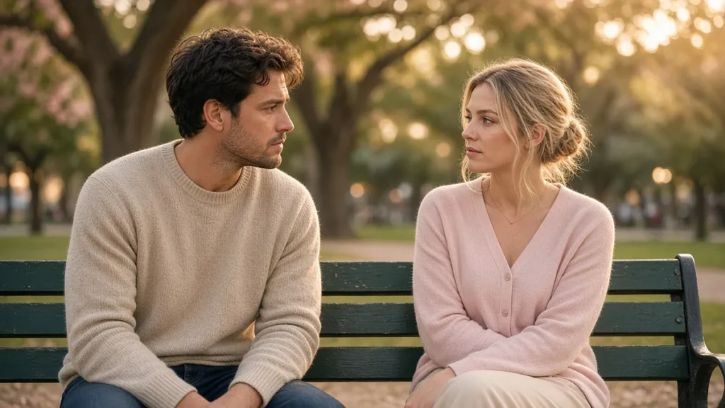 ¿Perdonar una infidelidad? Cómo decidir y cómo hacerlo - perdonar una infidelidad Pareja conversando en un banco del parque para decidir si perdonar una infidelidad