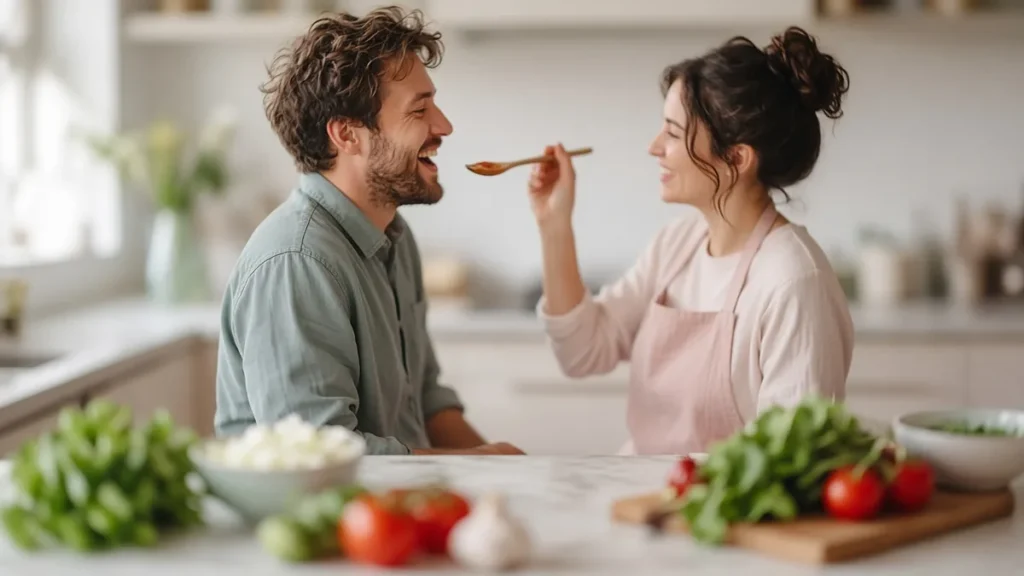 Qué enamora a un hombre: lo que dice la psicología (sin trucos baratos) - qué enamora a un hombre Pareja riendo mientras cocinan juntos, qué enamora a un hombre