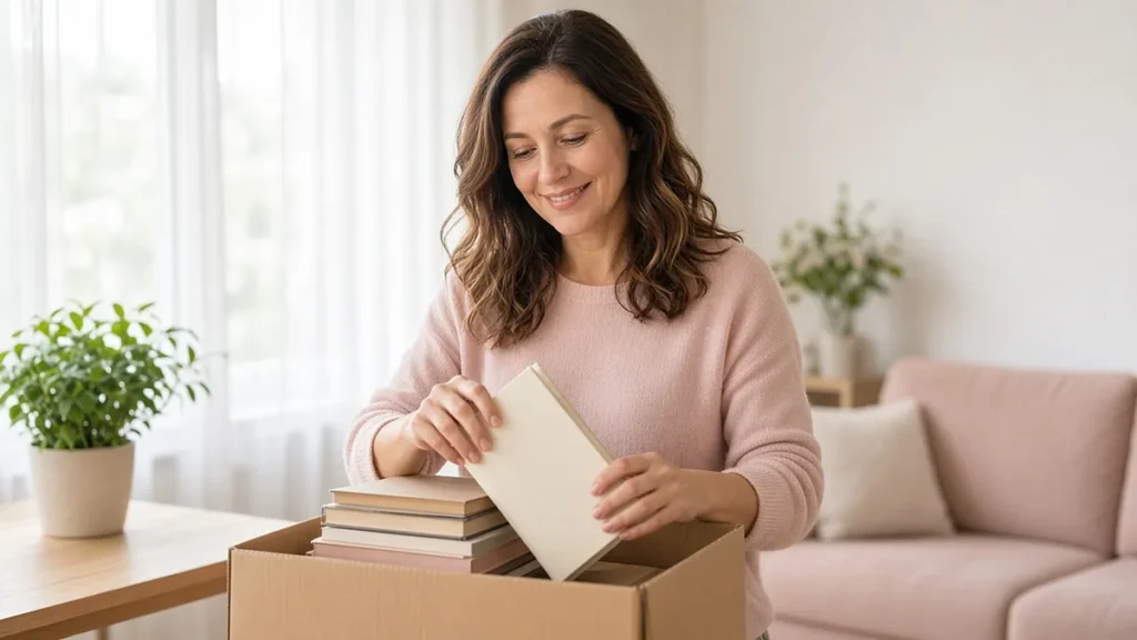 Cómo superar un divorcio: guía paso a paso para sanar - Mujer sonriendo mientras desempaca libros en su nuevo hogar tras un divorcio