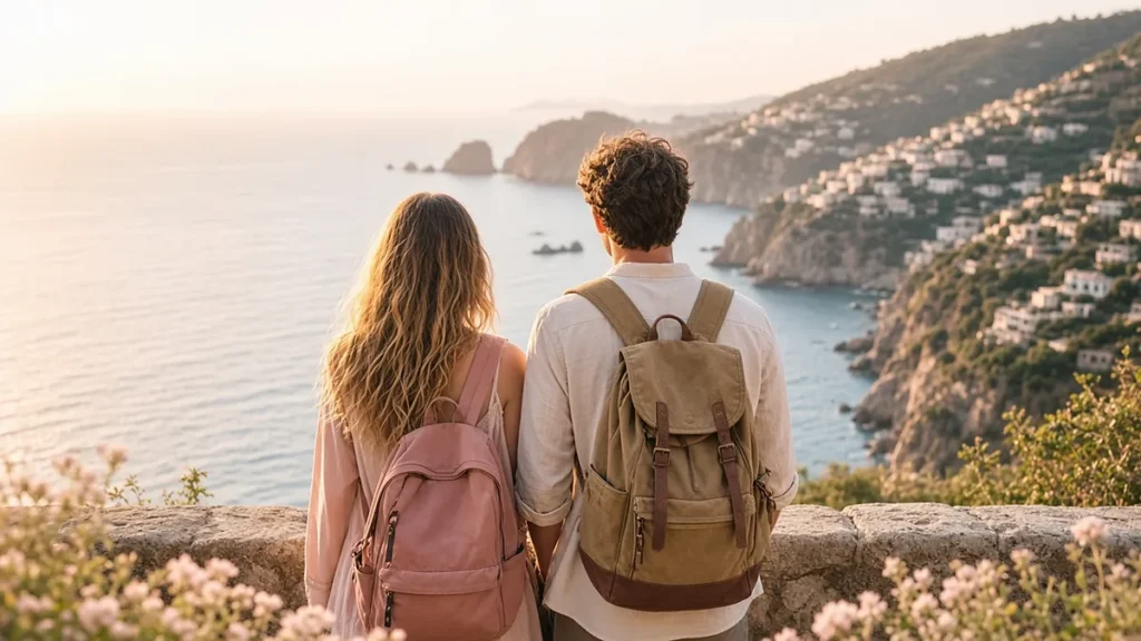 Los mejores viajes que puedes hacer con tu pareja - Pareja con mochilas contemplando el mar desde un mirador durante un viaje