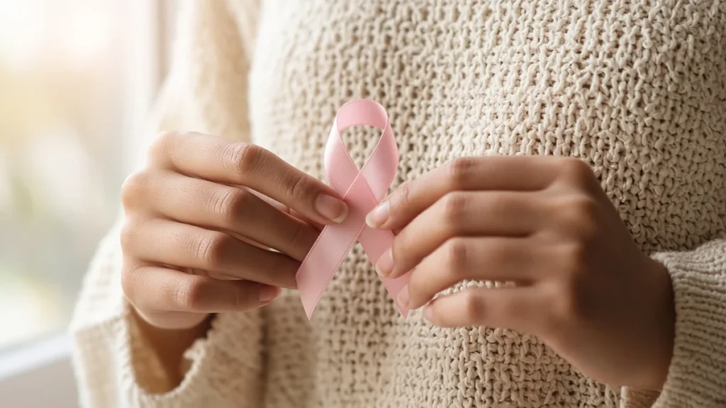 Autoexploración de mamas: cómo hacerla paso a paso y cuándo consultar - autoexploración de mamas Manos de mujer sosteniendo un lazo rosa sobre un suéter de punto, símbolo de la detección temprana del cáncer de mama