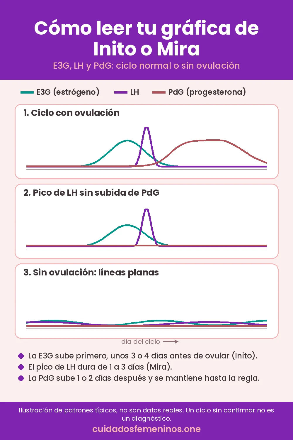 Cómo leer la gráfica de Inito o Mira: curvas de E3G, LH y PdG en un ciclo con ovulación y en uno sin ovulación