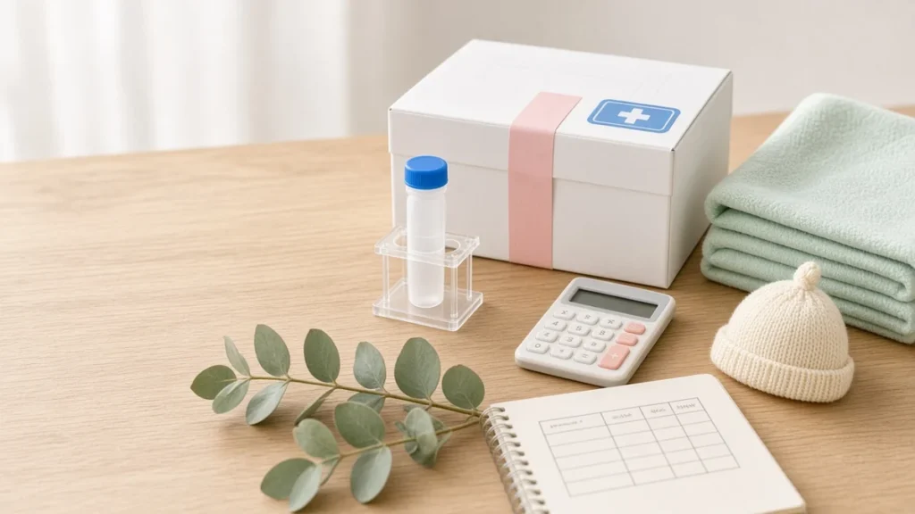 ¿Cuánto cuesta guardar el cordón umbilical? Precios 2026 de CBR, Cryo-Cell y Americord, y cuándo vale la pena - cuánto cuesta guardar el cordón umbilical Cuánto cuesta guardar el cordón umbilical: kit de recolección de sangre de cordón, vial criogénico, calculadora y gorrito de bebé sobre una mesa