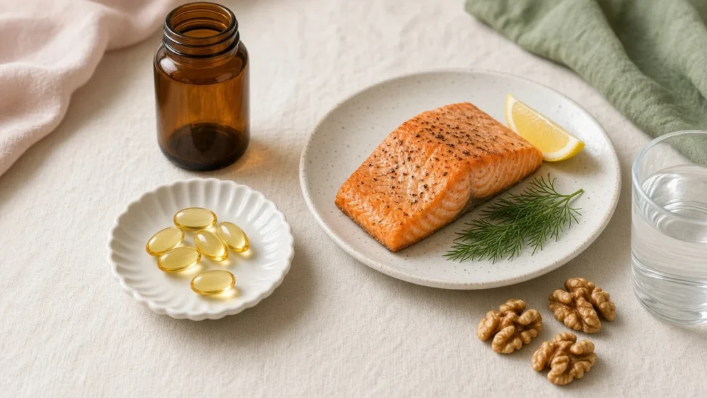 How Much DHA During Pregnancy? 200 mg vs 1,000 mg, and Who Needs More - how much dha during pregnancy Omega-3 softgels in a small white dish next to a cooked salmon fillet, walnuts and a glass of water: how much DHA during pregnancy