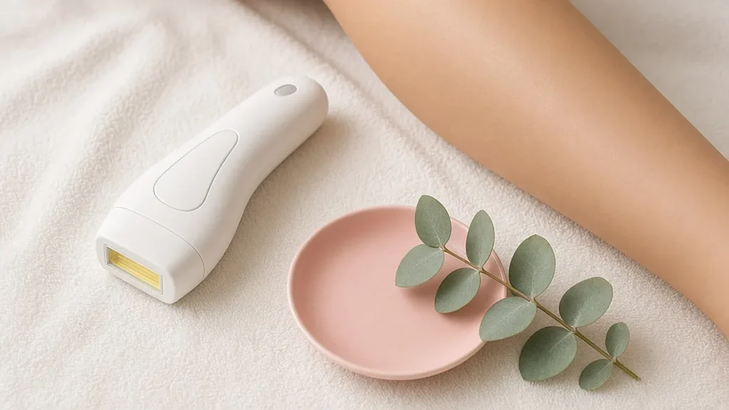 IPL vs Laser Hair Removal: Which Works Better, Hurts Less and Costs Less? - ipl vs laser hair removal At-home IPL hair removal device on a towel next to a smooth leg, IPL vs laser