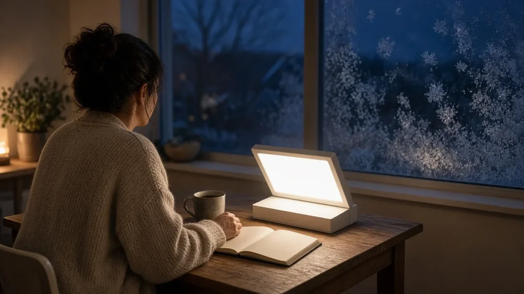 Lámpara para la depresión estacional: qué significan los 10.000 lux y cómo usarla - lámpara para la depresión estacional Mujer en la mesa de la cocina en una mañana oscura de invierno junto a una lámpara de fototerapia