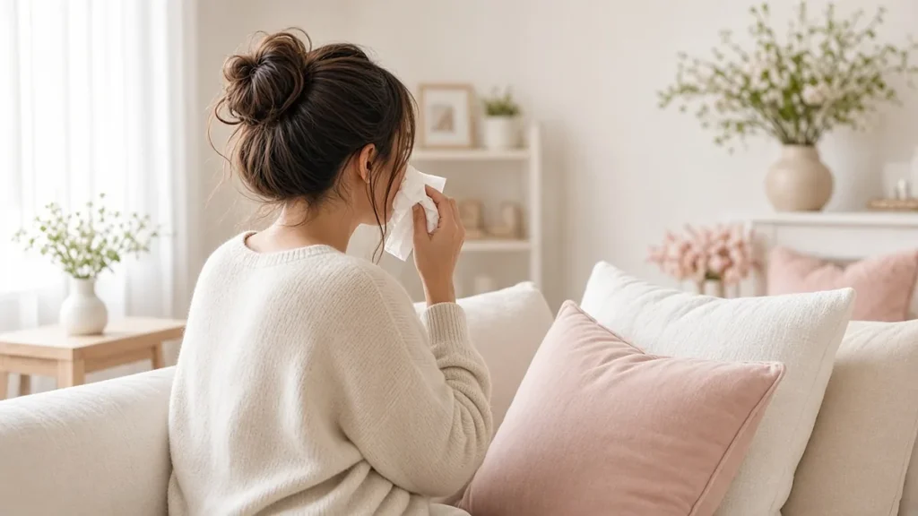 Leaking Urine When You Sneeze? Why It Happens and How to Stop It - leaking urine when sneezing Woman about to sneeze holding a tissue, a common moment for leaking urine
