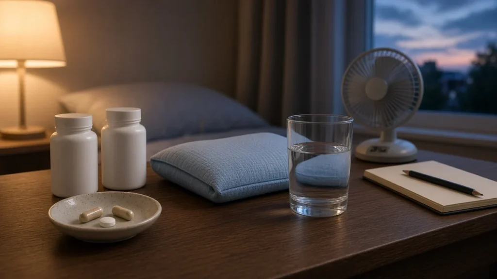 Lynkuet vs Veozah: Real Cost, Insurance Approval and Which One Fits You (2026) - lynkuet vs veozah Two unlabeled pill bottles, capsules, a glass of water, a pillow and a fan: comparing Lynkuet vs Veozah for hot flashes