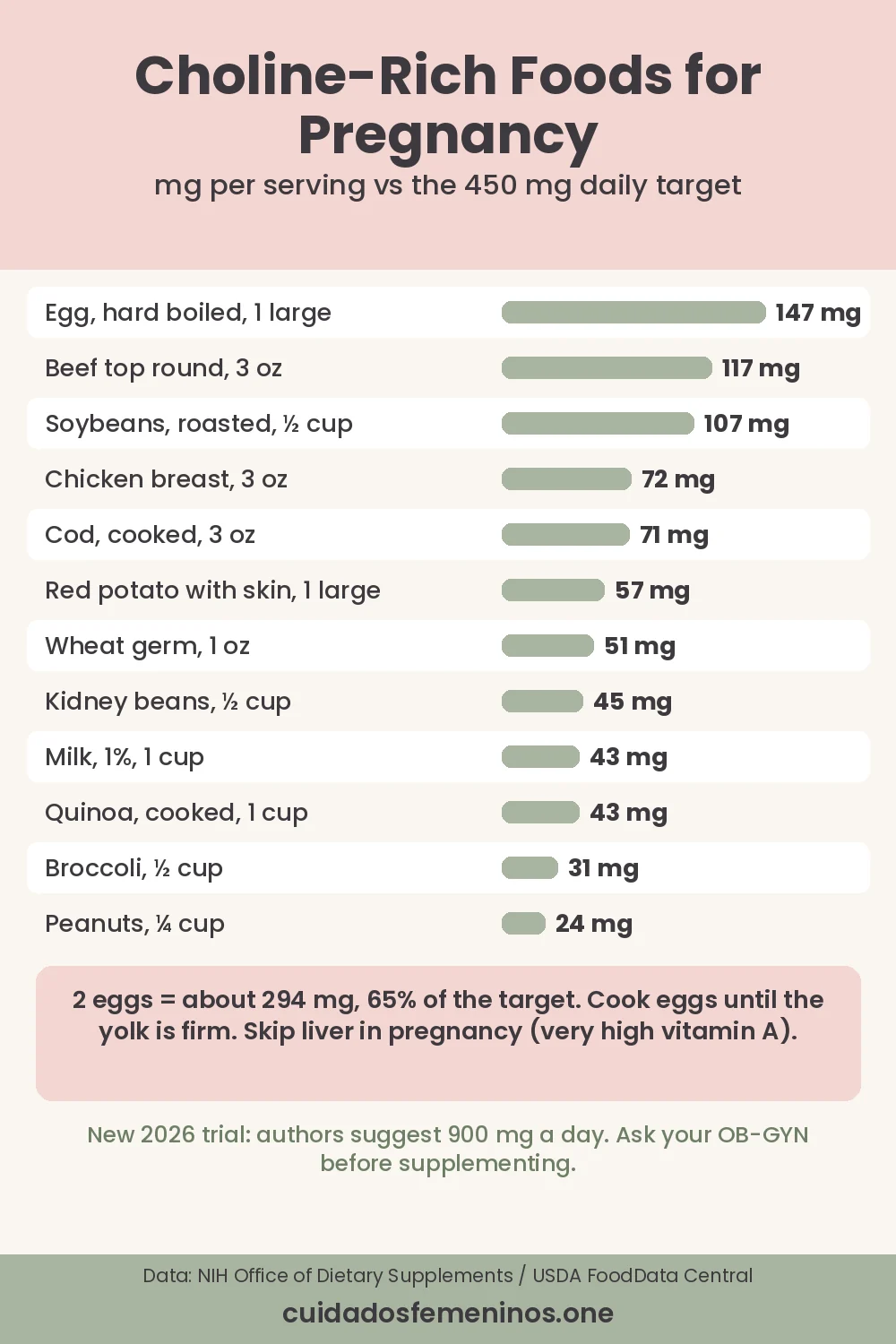 Infographic chart of choline-rich foods for pregnancy with milligrams per serving: eggs, beef, soybeans, chicken, cod, beans, milk and more, versus the 450 mg daily target