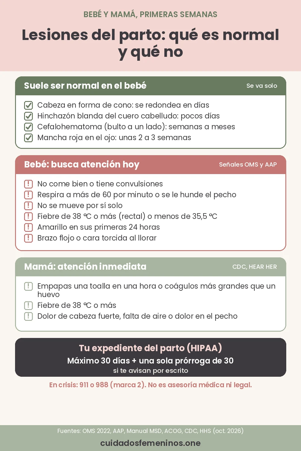 Infografía: marcas del parto que suelen ser normales en el bebé, señales de peligro del recién nacido según la OMS, señales de alarma en la madre y el plazo de 30 días para recibir el expediente médico