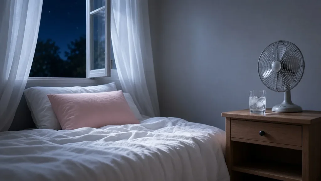 How to Stop Night Sweats in Perimenopause: Treatments That Work and How to Sleep Cooler - how to stop night sweats perimenopause Cool bedroom with light sheets, fan and ice water to stop night sweats in perimenopause